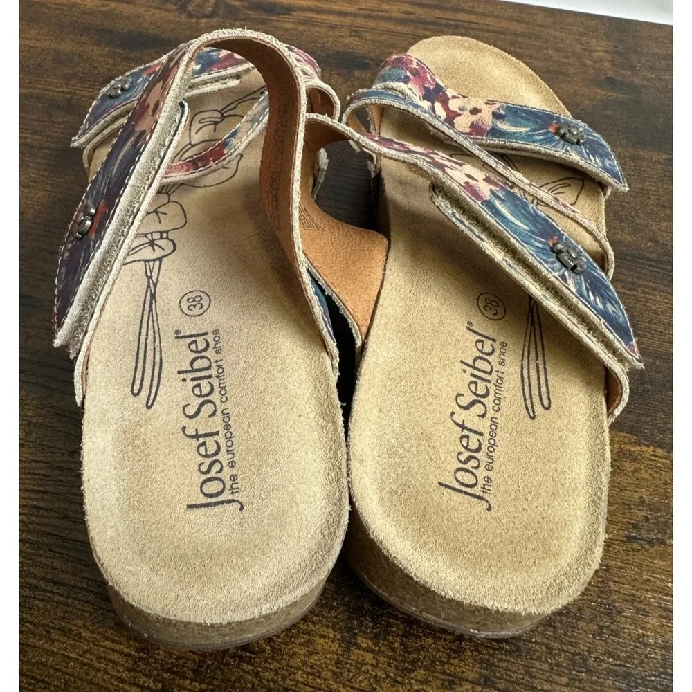 Josef Seibel Tonga 54 Floral Slide Sandals Blue Red Tan Cork Boho Size 38 7 -7.5 - Picture 9 of 12